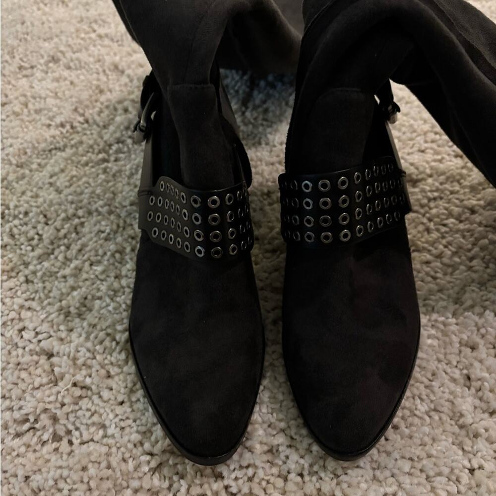 Michael Kors Stretch Suede Nadine Charcoal Tall Heeled Boots Size 6 - Picture 6 of 13